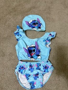Disney Light Blue Stitch Print Girls Swim Set